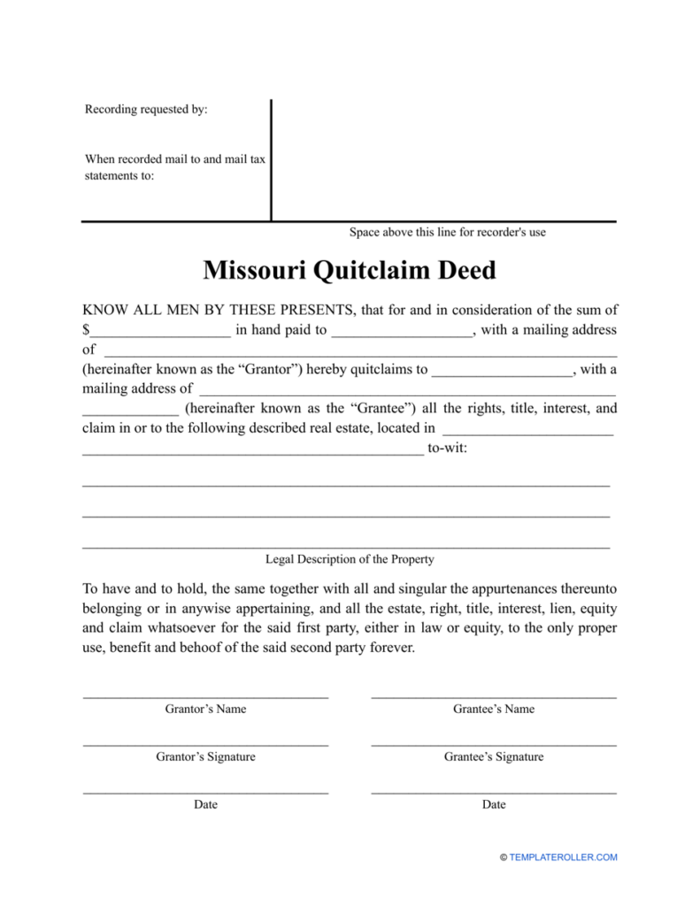 Missouri Quitclaim Deed Form Download Printable Pdf Templateroller 