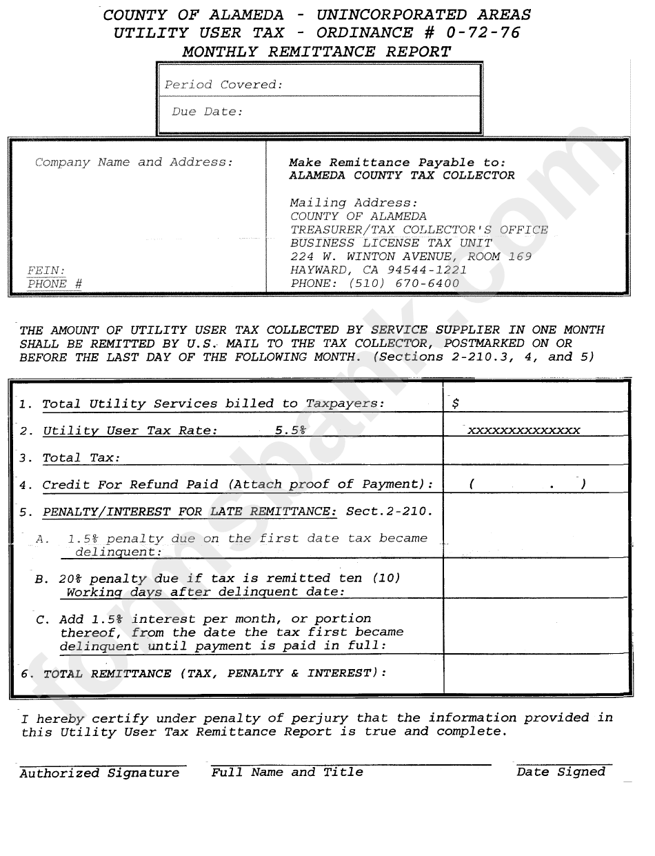 Monthly Remittance Report Form County Of Alameda Treasurer tax 