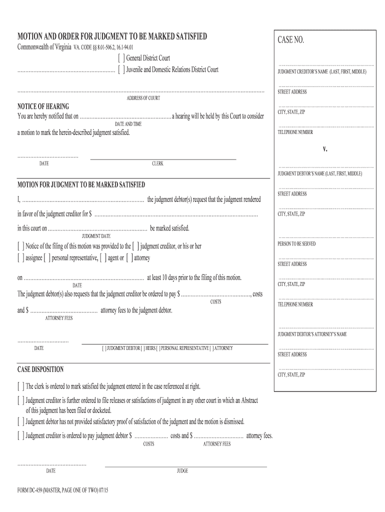 MOTION And ORDER For JUDGMENT To BE MARKED SATISFIED Form Fill Out 