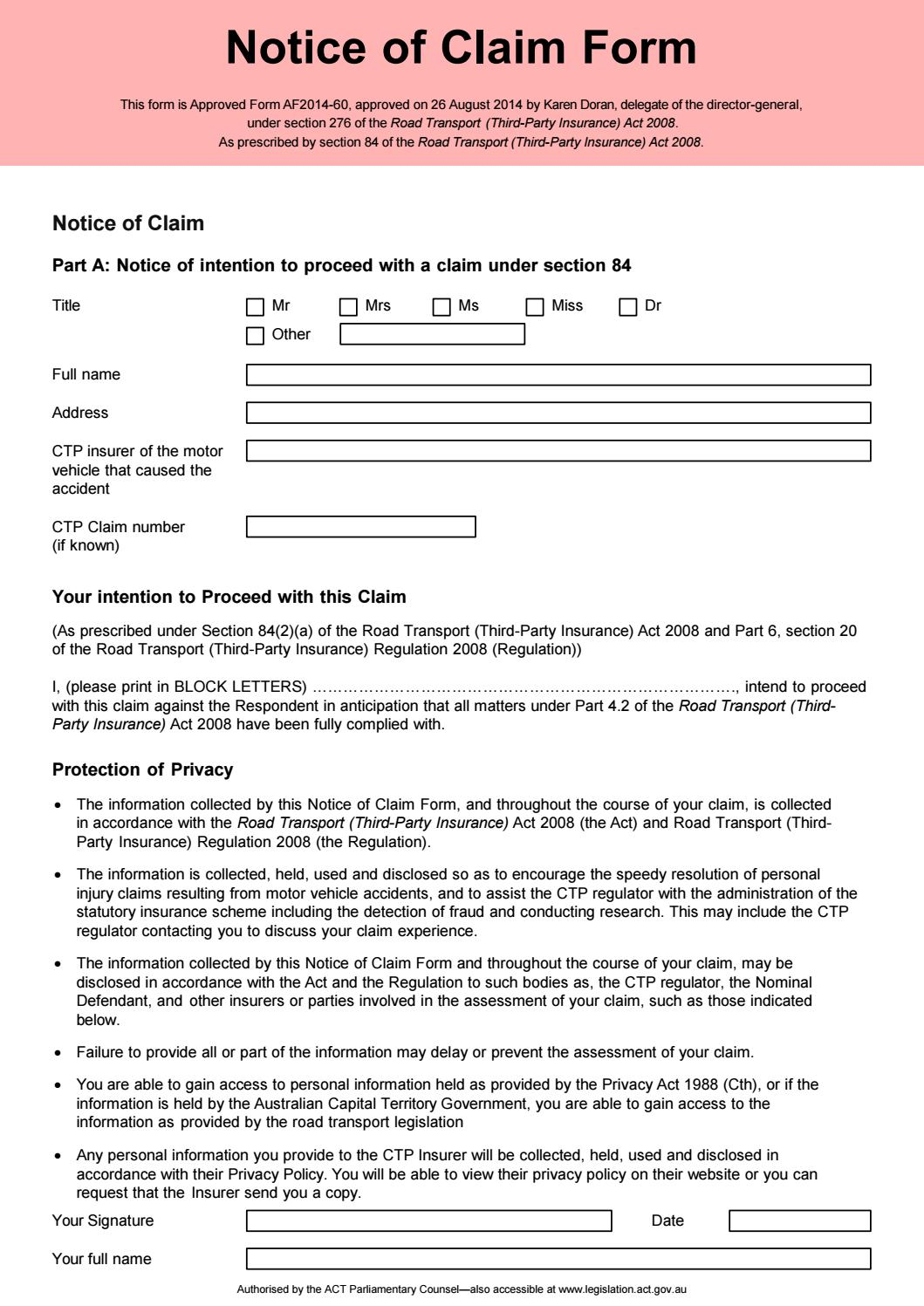 Motor Accident Notice Of Claim Form ACT By Recipio Issuu