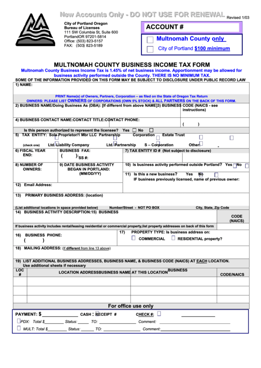 Multnomah County Business Income Tax Form 2003 Printable Pdf Download