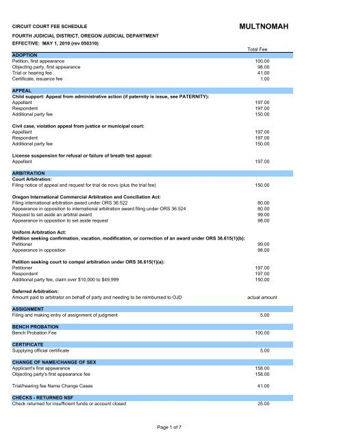 Multnomah County Circuit Court Fee Schedule Oregon Judicial 