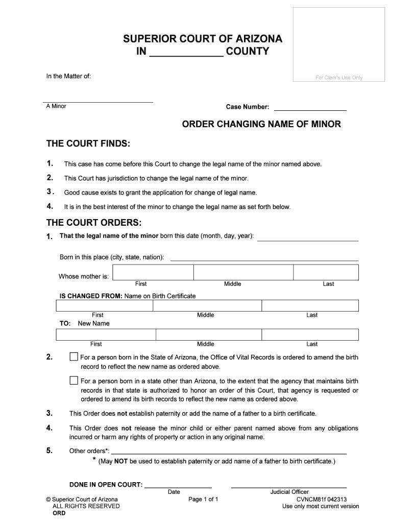 Name Change For A Minor Superior Court Maricopa County Form Fill Out 