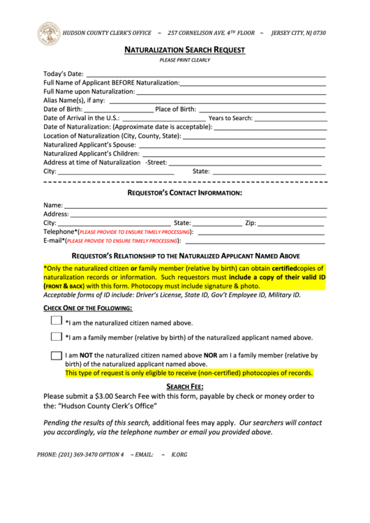 Naturalization Records Request Form Hudson County Clerk Printable Pdf 