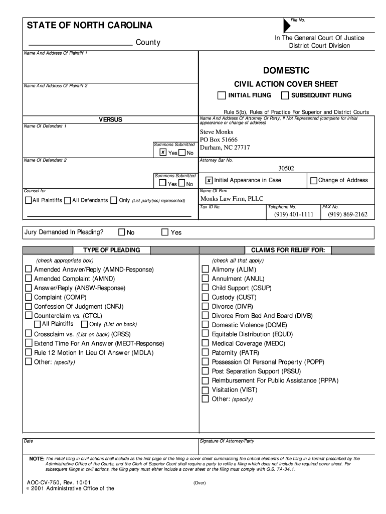 Nc Civil Action Cover Sheet Fill Online Printable Fillable Blank 
