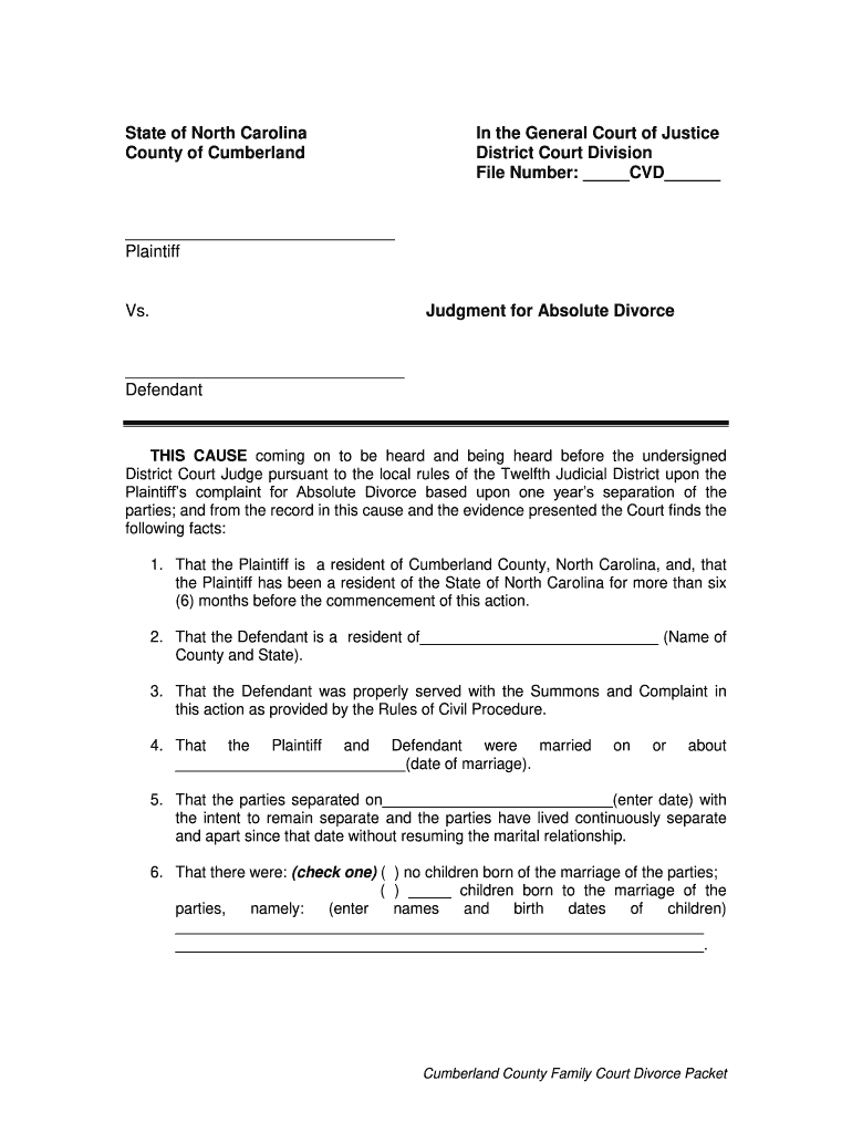 NC Judgment For Absolute Divorce County Of Cumberland Fill And Sign 