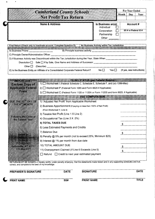 Net Profit Tax Return Cumberland County Schools Kentucky Printable