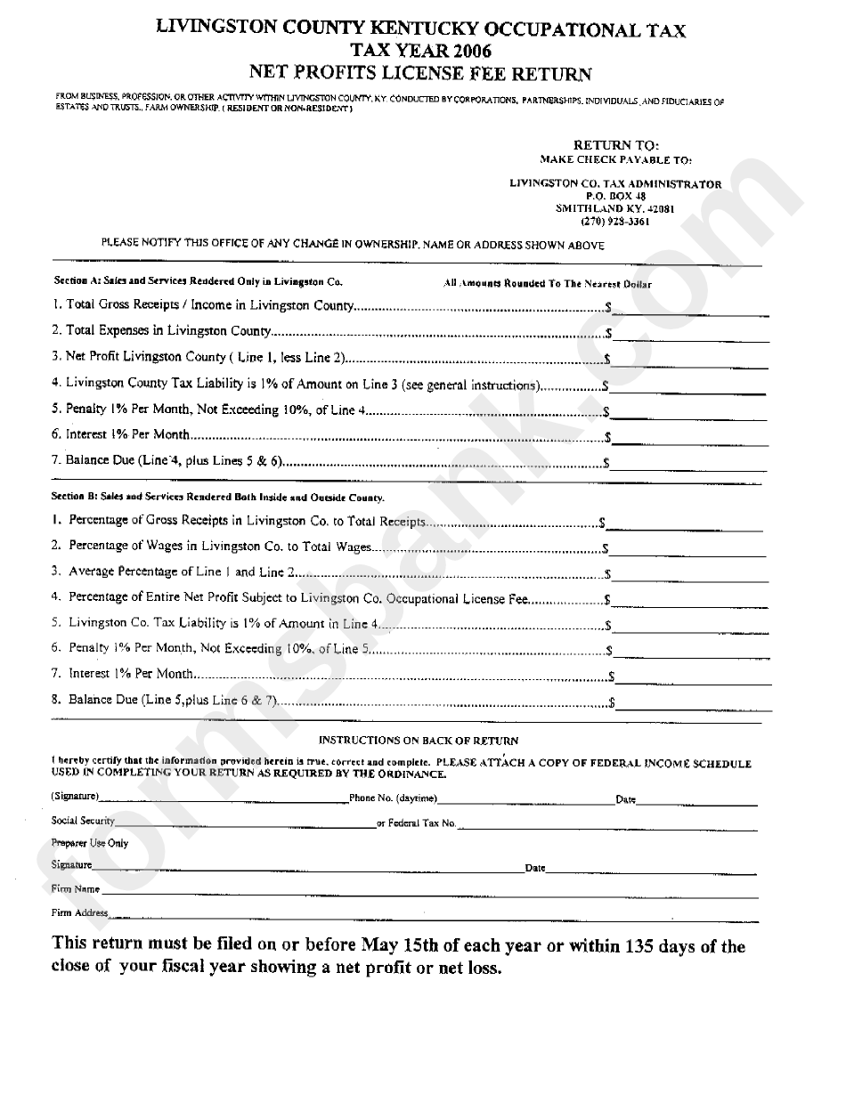 Net Profits License Fee Return Form State Of Kentucky Printable Pdf