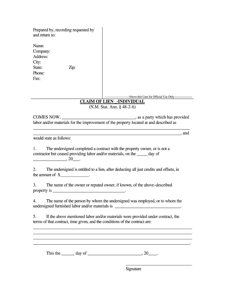 New Mexico Property Lien Form Fill Online Printable Fillable Blank 