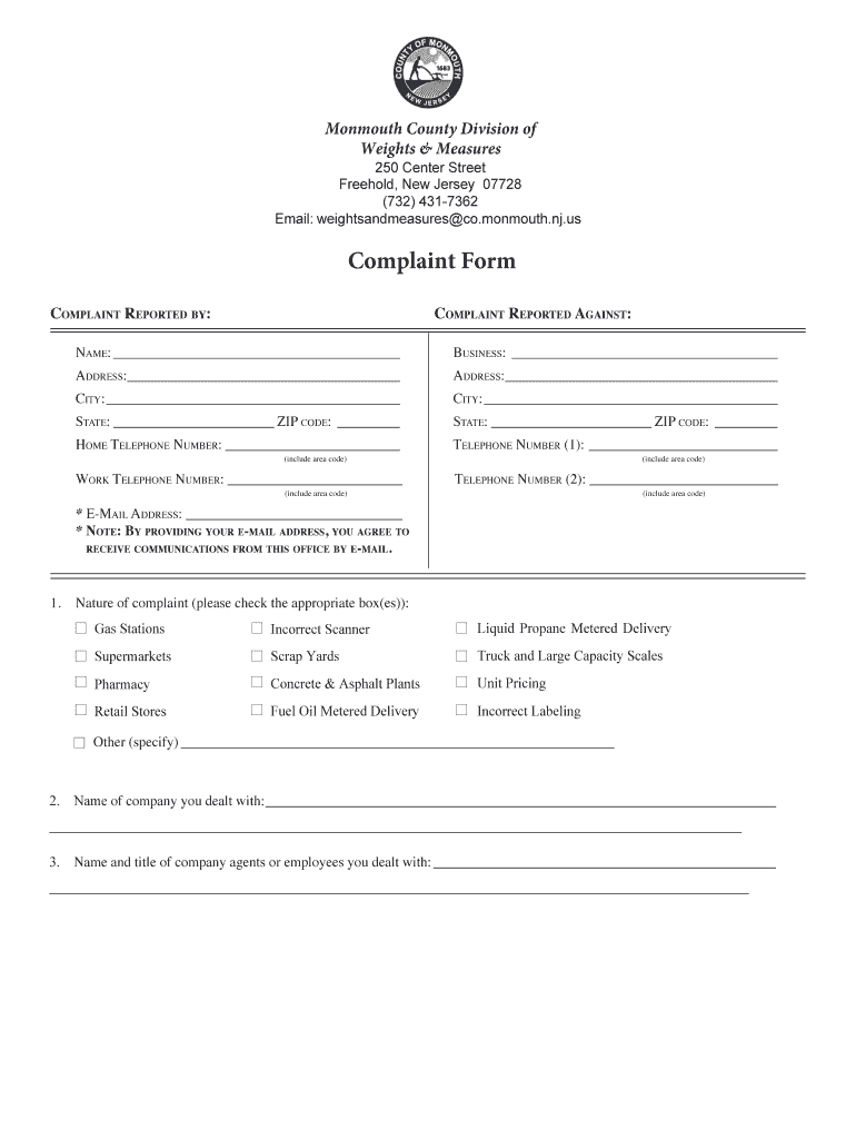 NJ Complaint Form Monmouth County 2018 2021 Fill And Sign Printable