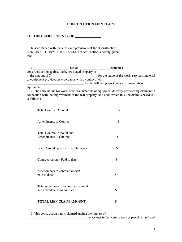 Nj Construction Lien Claim Fill Online Printable Fillable Blank 