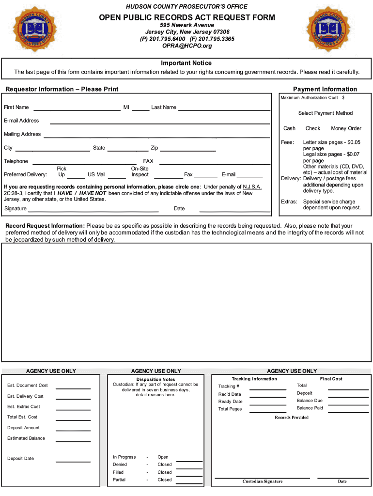 NJ Open Public Records Act Request Form Hudson Fill And Sign 