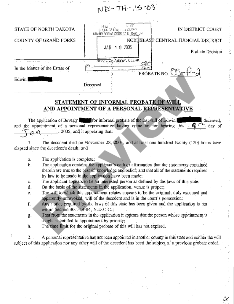 North Dakota Statement Of Informal Probate Of Will And Appointment Of A 