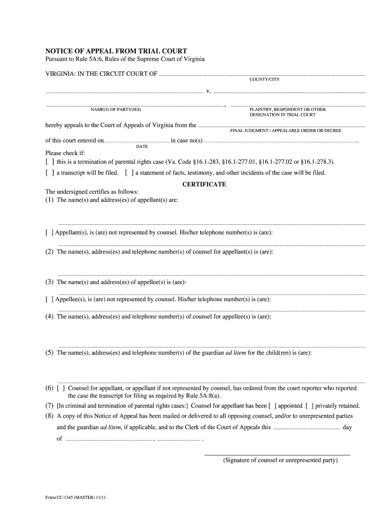 Notice Of Appeal For Court Of Appeals Virginia Fill Out Sign Online 