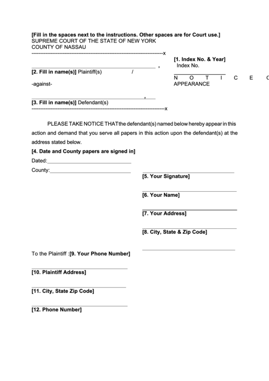 Notice Of Appearance New York Supreme Court Printable Pdf Download