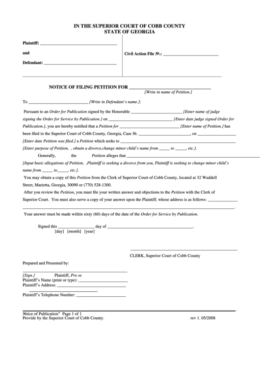 Notice Of Publication Form Superior Court Of Cobb County Printable 