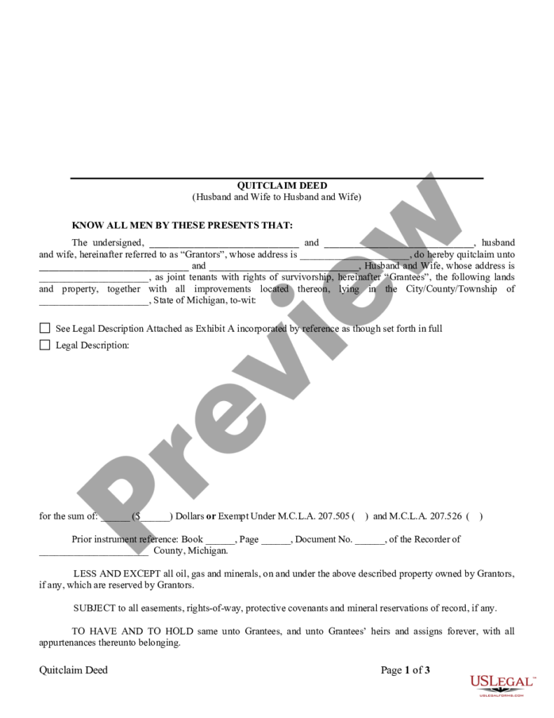 Oakland Michigan Quitclaim Deed From Husband And Wife To Husband And 