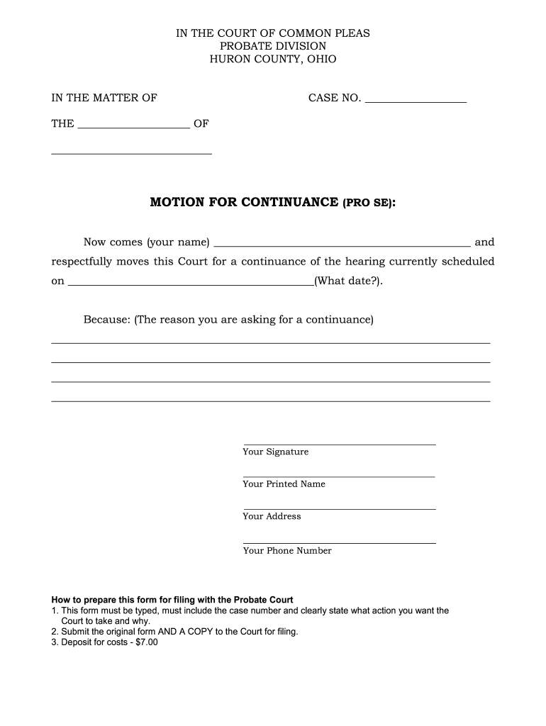 Ohio Form Continuance Huron County Template Fill Online Printable 