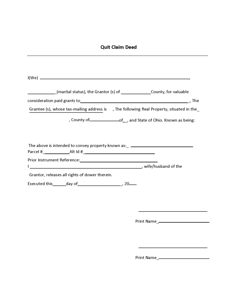 Ohio Quit Claim Deed Free Printable Legal Forms