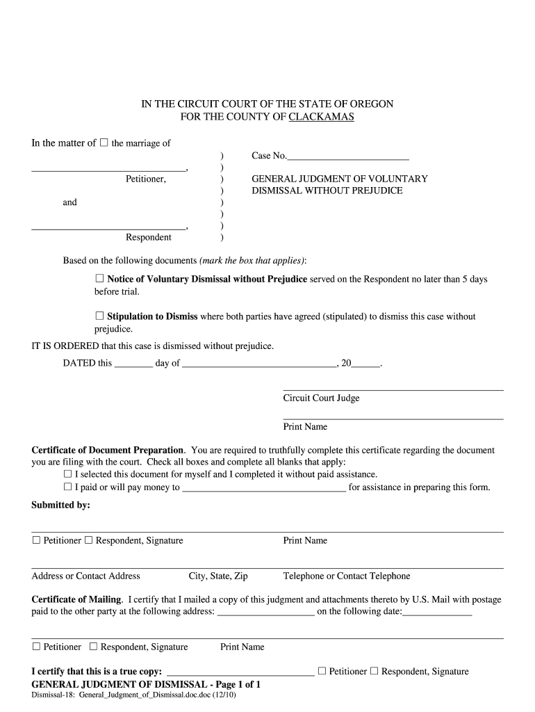 OR General Judgment Of Dismissal County Of Clackamas 2010 2022 