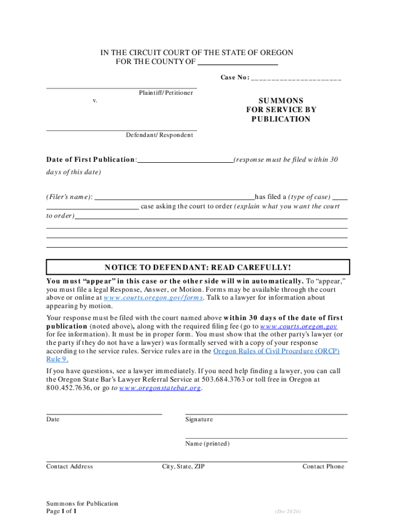 Oregon Civil Summons Form Fill Out And Sign Printable PDF Template 