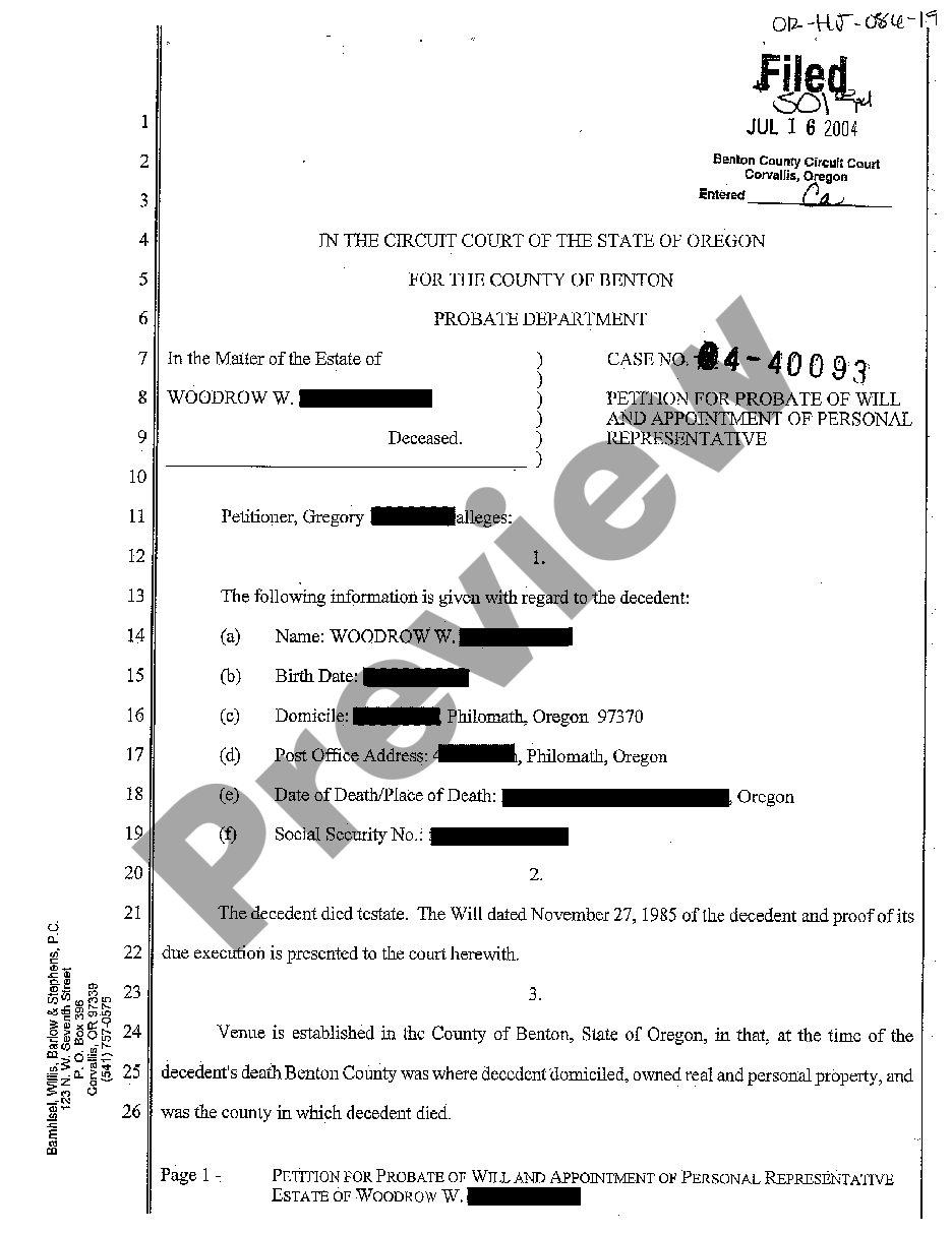 Oregon Petition For Probate Of Will And Appointment Of Personal 