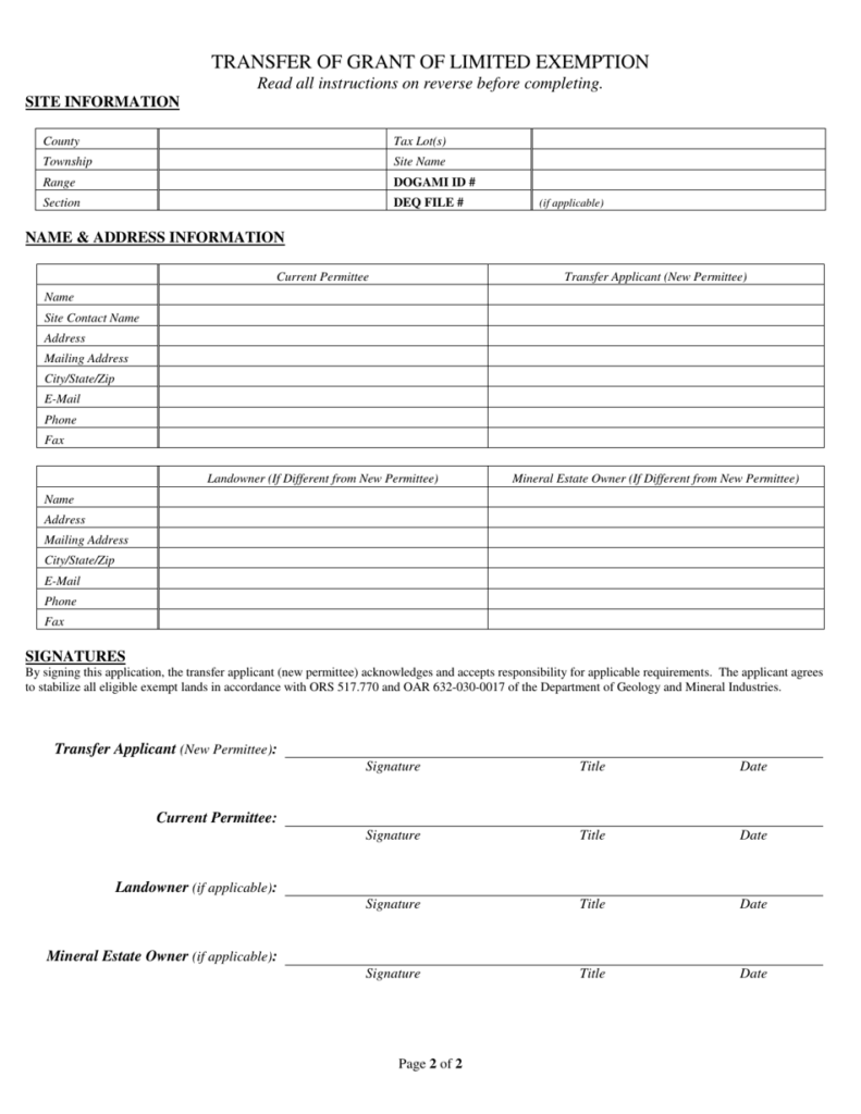 Oregon Transfer Of Grant Of Limited Exemption Download Printable PDF 