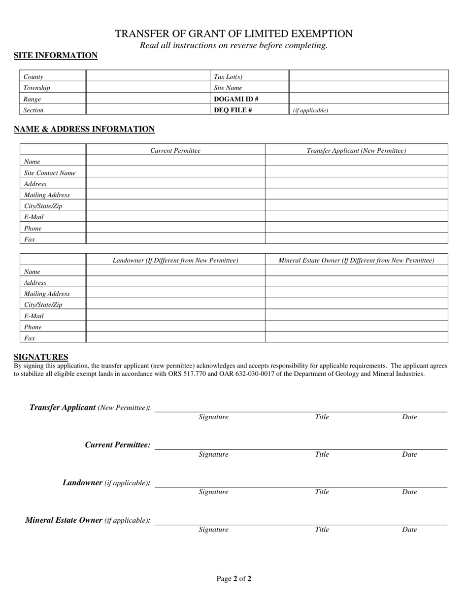 Oregon Transfer Of Grant Of Limited Exemption Download Printable PDF 