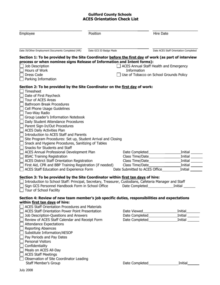 Orientation Checklist Guilford County Schools