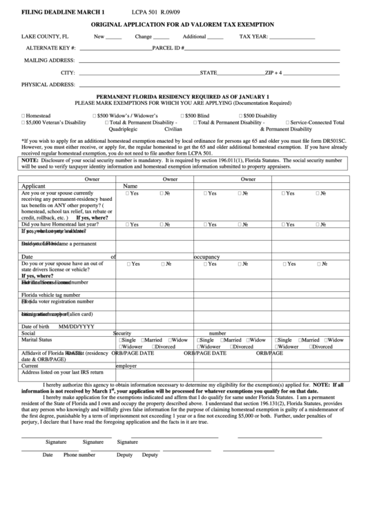 Original Application For Ad Valorem Tax Exemption Form Lake County