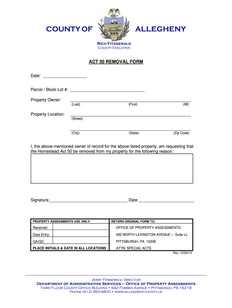 PA Act 50 Removal Form Allegheny County 2012 Fill And Sign
