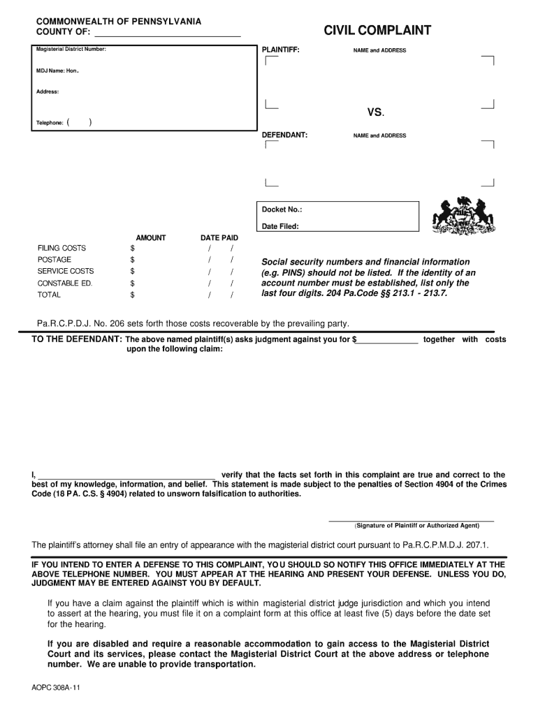 PA AOPC 308A 11 Complete Legal Document Online US Legal Forms