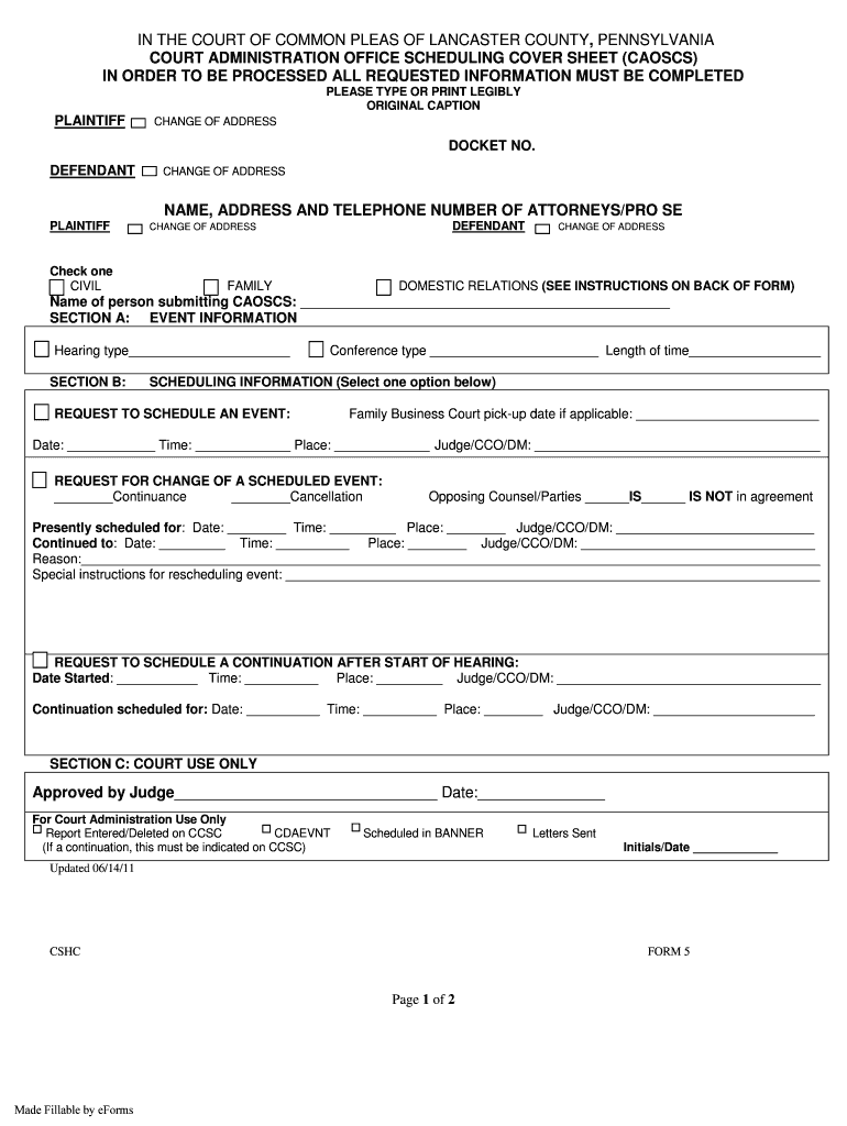PA CSHC Form 5 Lancaster County Complete Legal Document Online US 
