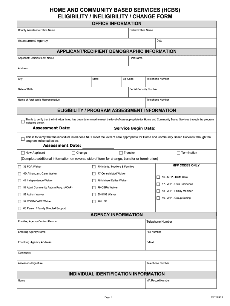 PA HCBS Form PA 1768 2010 Fill And Sign Printable Template Online 