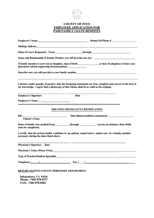 Paid Family Leave Claim Form Inyo County Printable Pdf Download