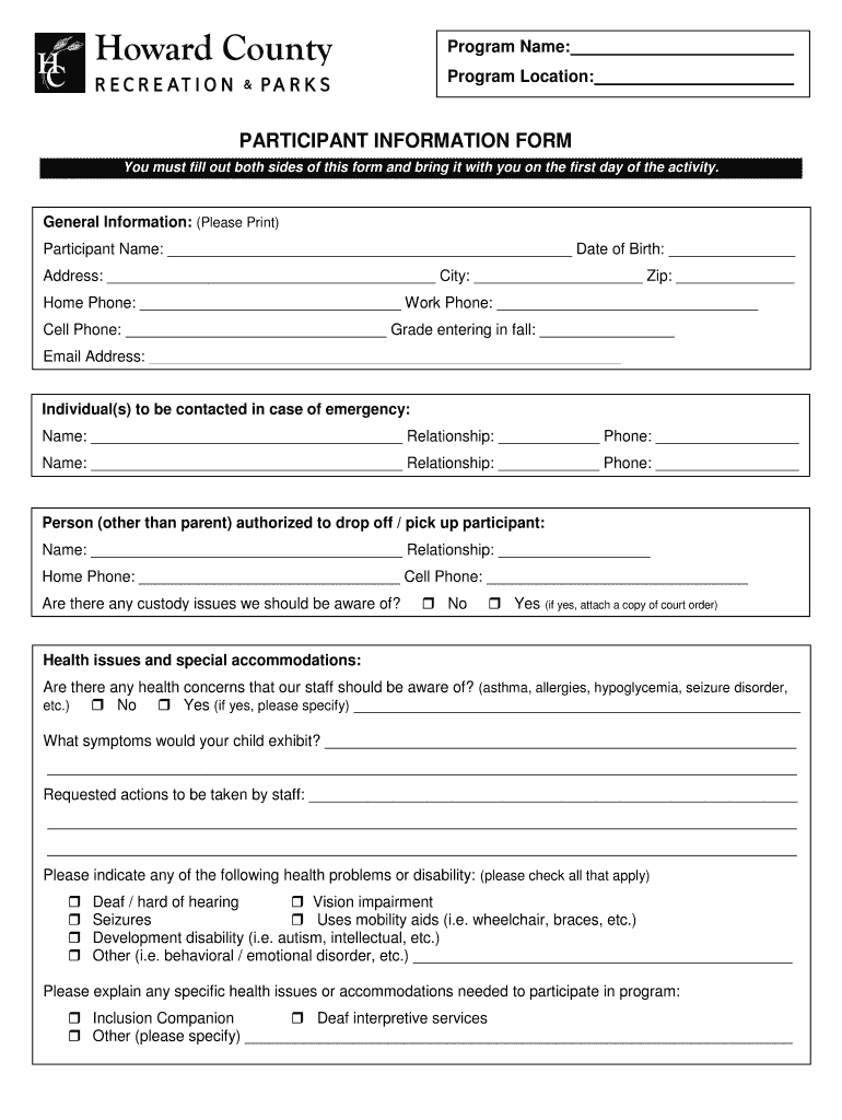 Participant Form Howard County Fill Online Printable Fillable