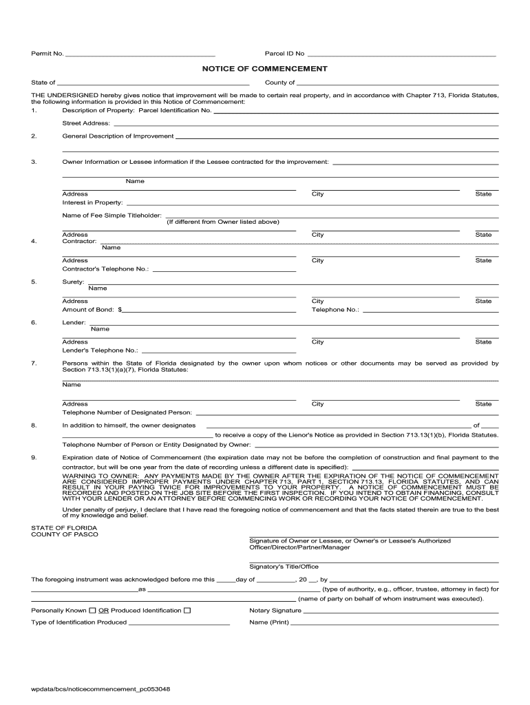 Pasco County Florida Notice Of Commencement Form Fill Out Sign 