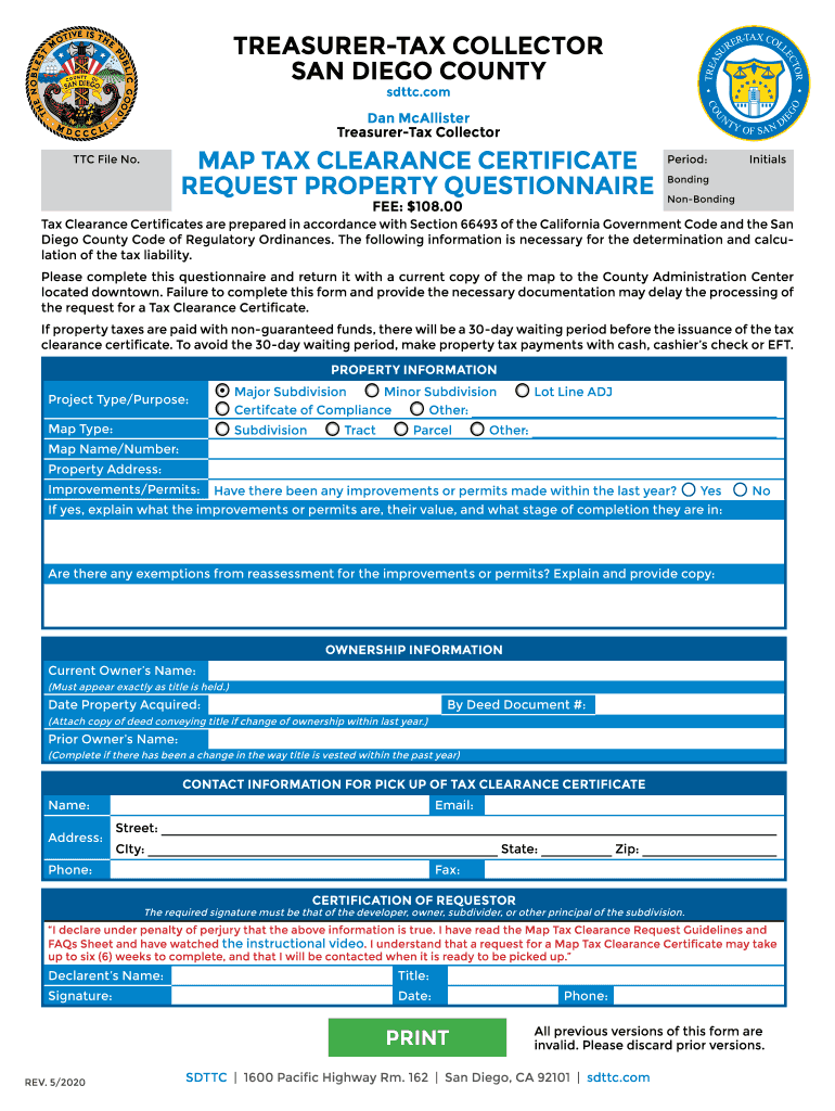 PDF Treasurer Tax Collector San Diego County Map Tax Clearance Fill 