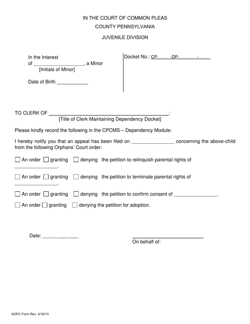 Pennsylvania Notice Of Orphans Court Appeal Filing Download Fillable 