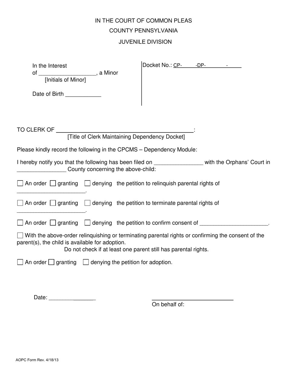 Pennsylvania Notice To Orphans Court Order Download Fillable PDF