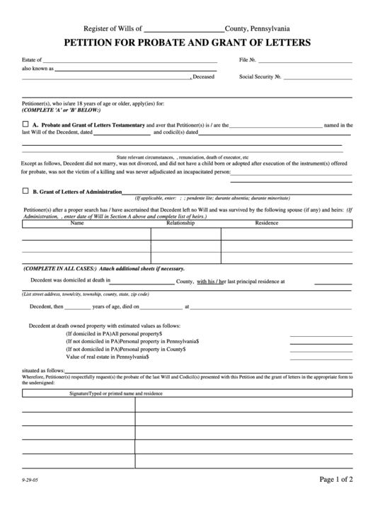 Petition For Probate And Grant Of Letters Pennsylvania Printable Pdf 