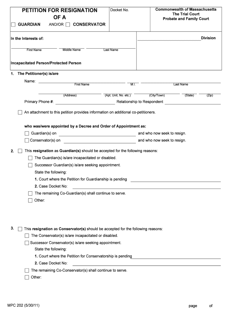 Petition For Resignation Of A Plymouth County Probate Form Fill Out 