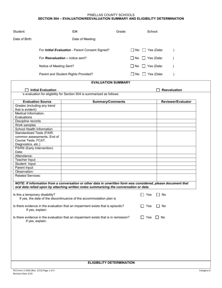 PINELLAS COUNTY SCHOOLS SECTION 504 EVALUATION