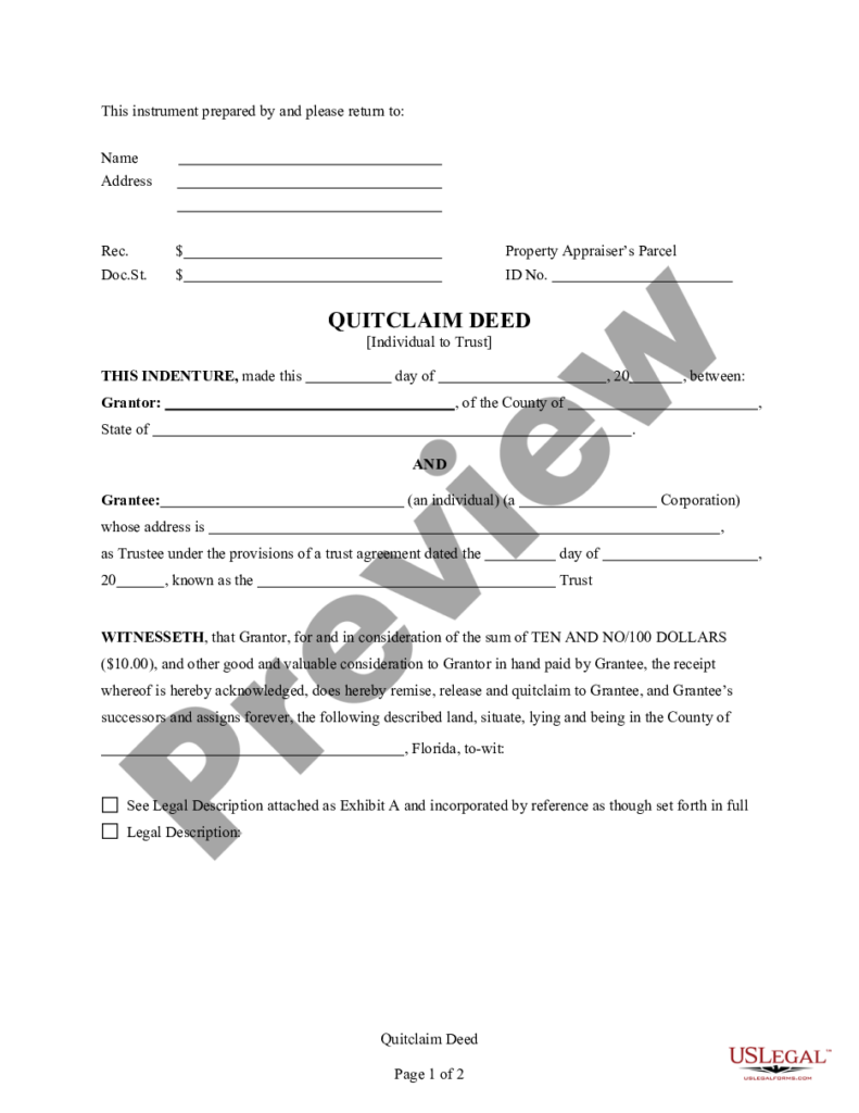 Port St Lucie Florida Quitclaim Deed For Individual To A Trust 