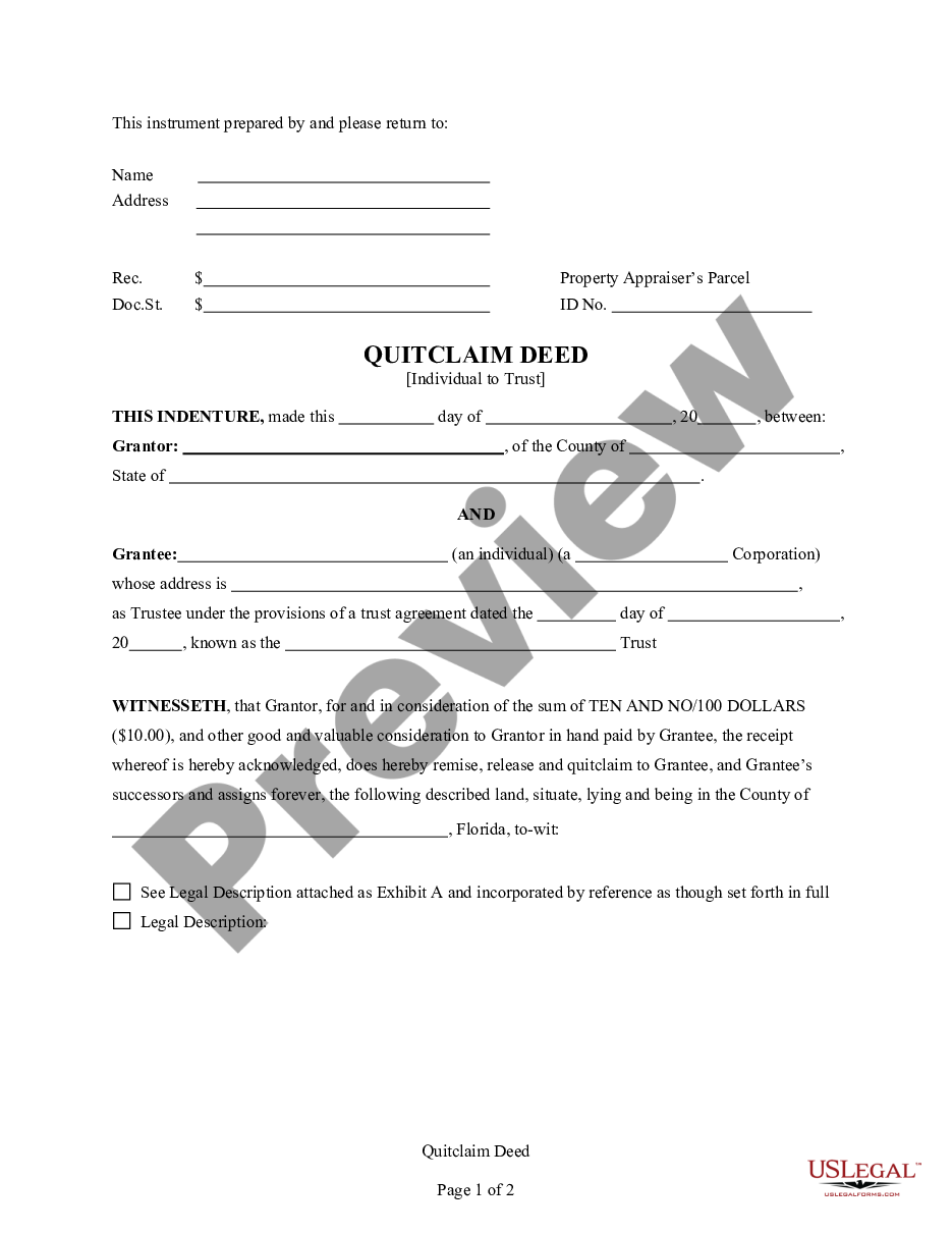 Port St Lucie Florida Quitclaim Deed For Individual To A Trust
