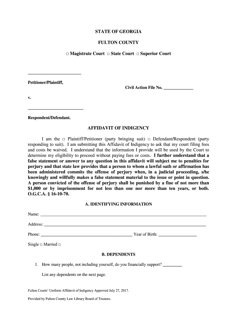 Poverty Affidavit Superior Court Of Fulton County Fill Out And Sign 