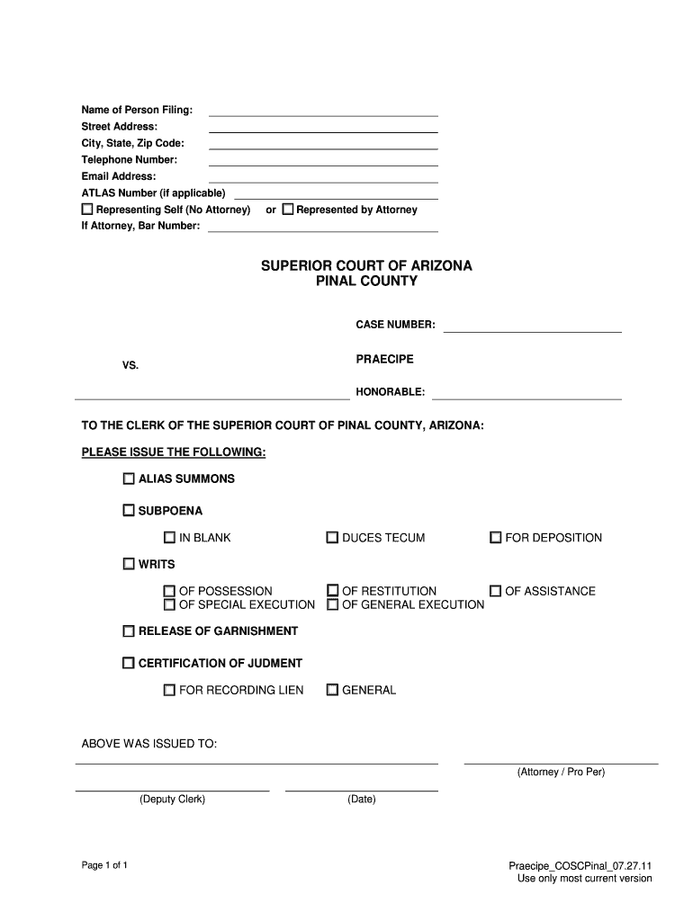 Praecipe Pinal County Clerk Of The Superior Court Form Fill Out And 