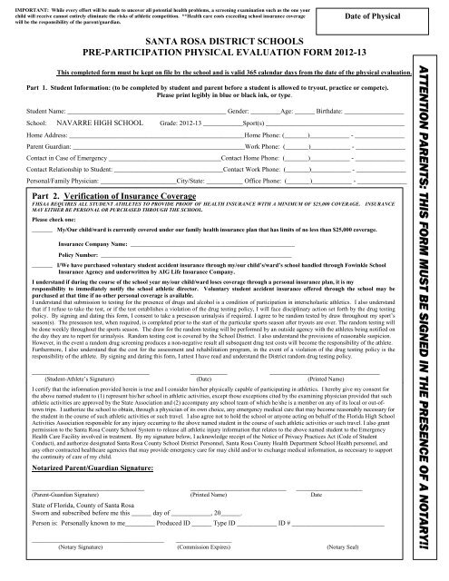 Pre Participation Physical Evaluation Form Santa Rosa County