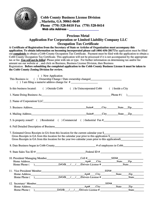 Precious Metal Application For Corporation Or Limited Liability Company 