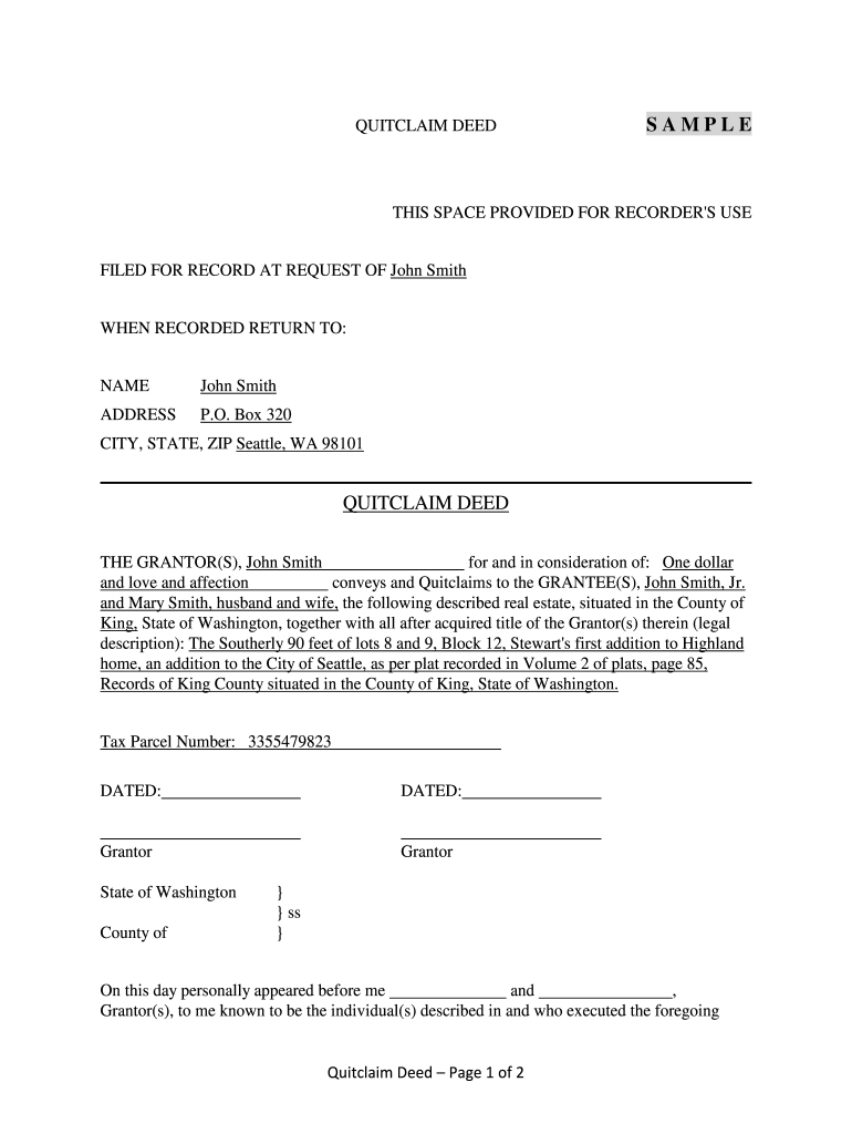Printable Quit Claim Deed Washington State Form Fill Out Sign Online 